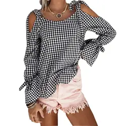 Пикантные Для женщин зимние рубашки Long Sleeve Cold Shoulder осень Kawaii блуза в клетку женский сладкий бантом Blusa галстук топ GV1006