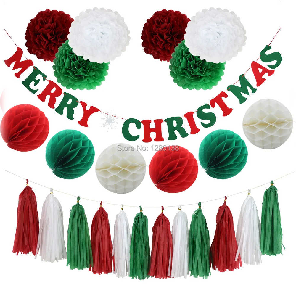 Wesołych Świąt Pomponem Balon Garland Banner Red & Green Papieru Papier Honeycomb Piłki Pom Poms dla Party Dekoracje Świąteczne Ozdoby