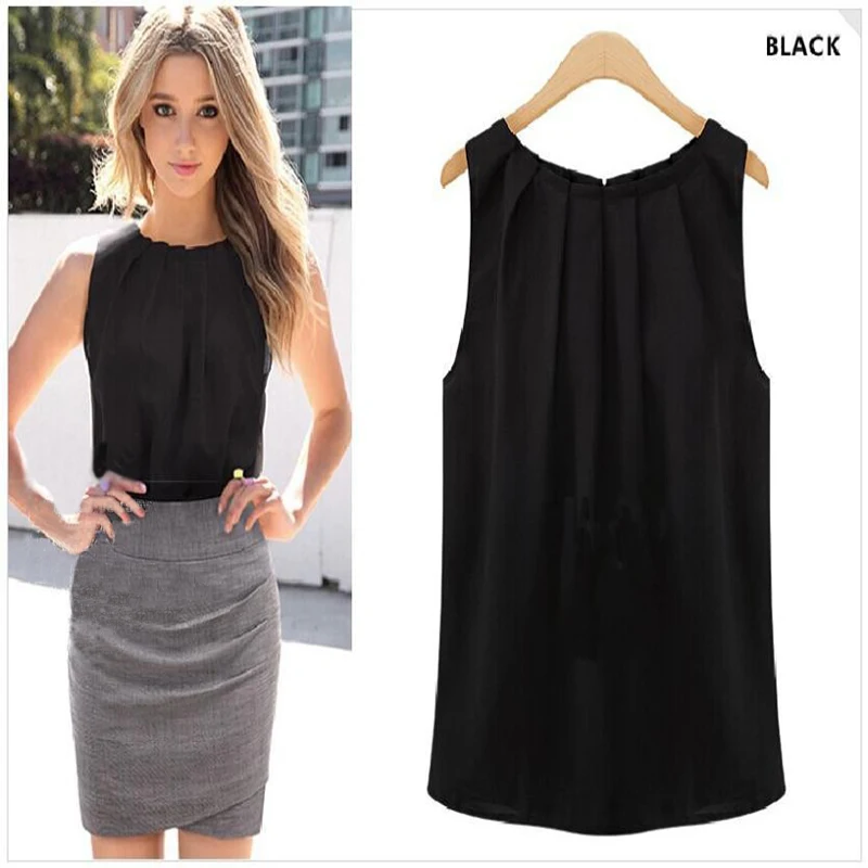 

Women's summer large size round neck pullover wrinkle sleeveless chiffon shirt solid womens blouses and tops 3xl plus size