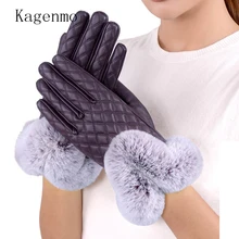 Kagenmo Термальность Перчатки женские осенние и зимние кожаные Перчатки сенсорный экран Перчатки плюс бархат Термальность Женские кролик меховой моды