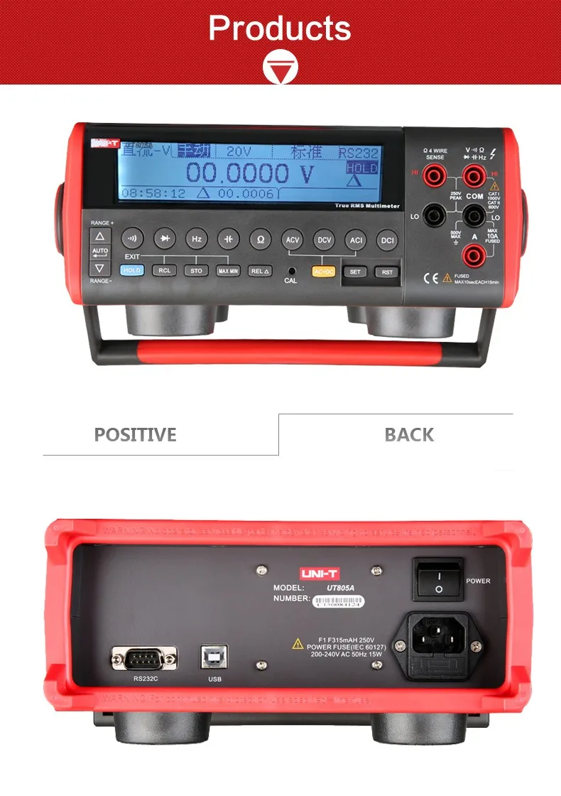 UNI-T UT805A Ture RMS ЖК-дисплей Настольный цифровой мультиметры Вольт Ампер Ом Емкость Гц Тестер 199999 отсчетов высокая точность