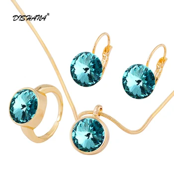 

Fashion Trendy Classic Blue Austrian Crystal Gold Color Party Jewelry Sets For Women Earring Pendant Necklace Ring js0092