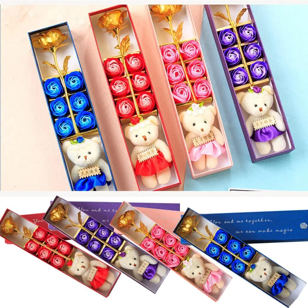 

Artificial Rose Flowers Cartoon Bear with Boxes Home Modern Pink, Blue, Red, Purple Decor Romantic Gift