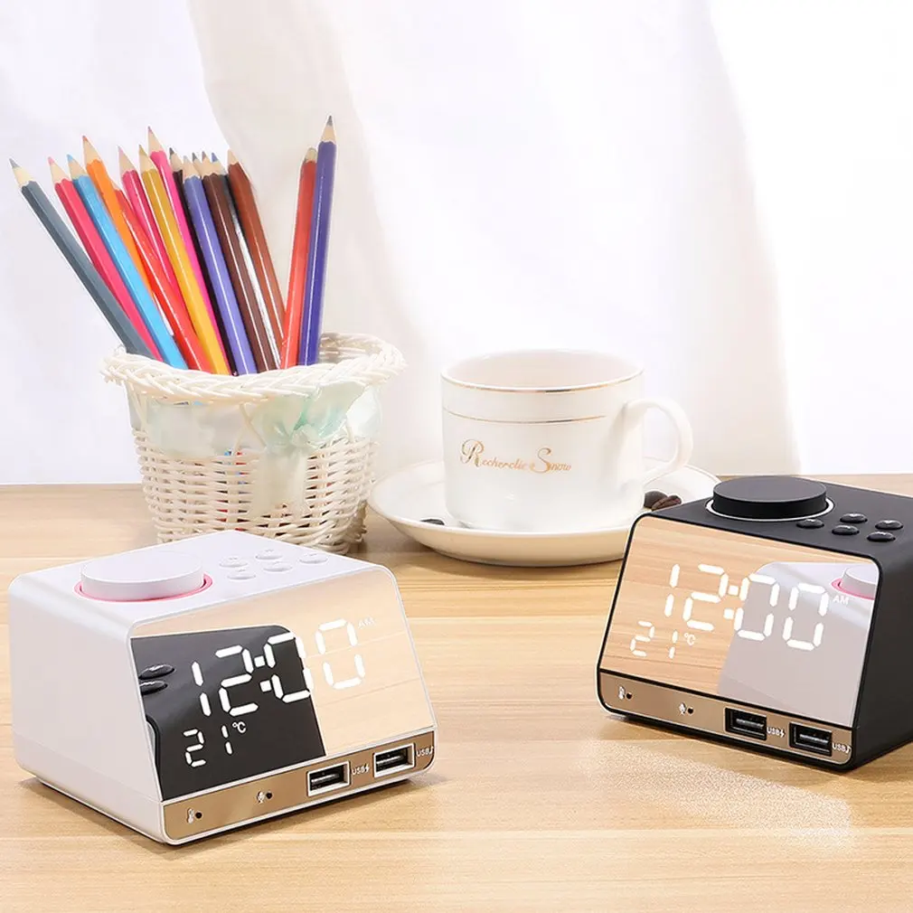 Многофункциональный Bluetooth будильник динамик с двойным usb-интерфейсом зарядка аудио светодиодный зеркальные часы музыкальный дисплей настольные часы