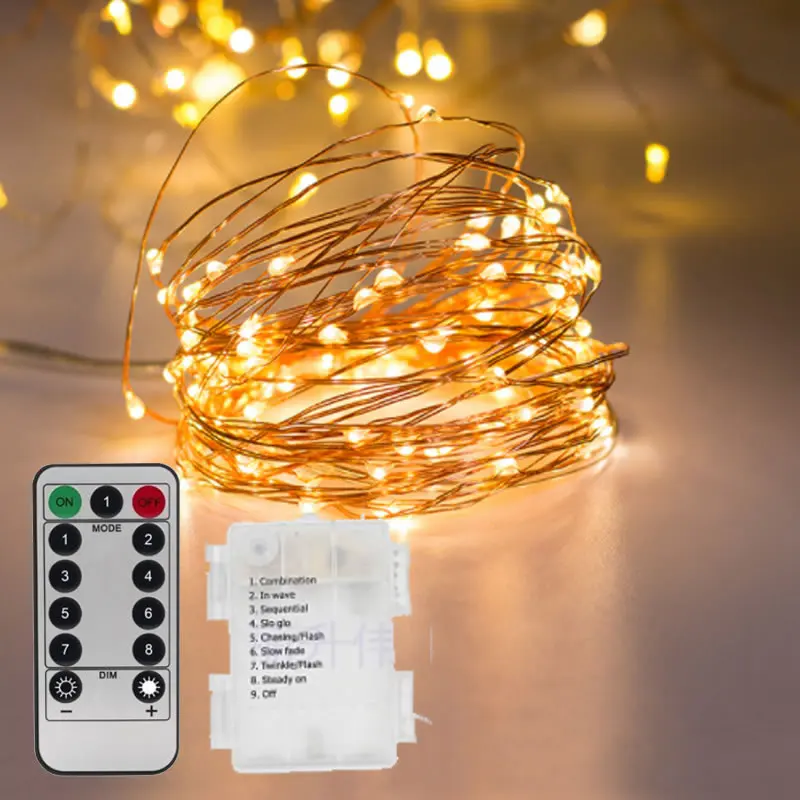 Kopen 5 m 10 m 8 Modes Afstandsbediening Timer Koper LED String Fairy Starry Licht 3x AA Batterij Aangedreven Xmas bruiloft Decoratieve Licht