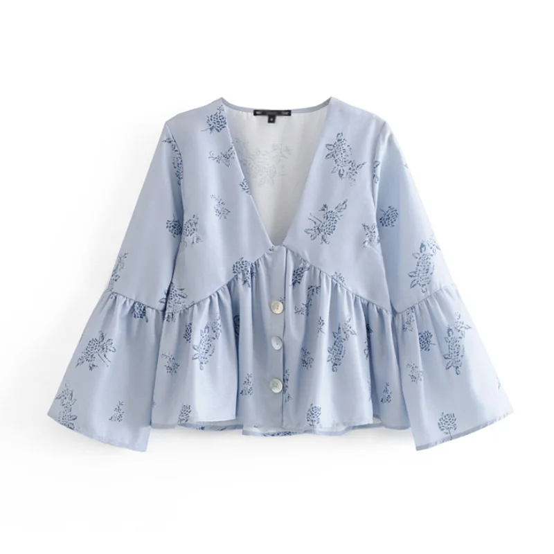 

Women Sexy Floral Printed Blouse V Neck Flare Sleeve Pleated Female Shirts Chic Sweet Tops FFZSY134