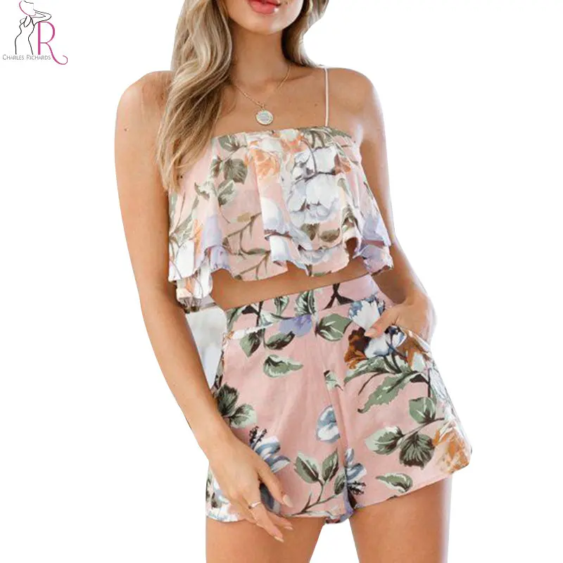 Spaghetti Strap Flounce Floral Printed T-Shirts