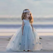 Пляжные небесно-Голубые Платья с цветочным рисунком для девочек милое платье для выпускного вечера с 3D аппликацией без рукавов