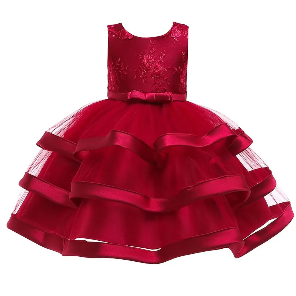 

Girls Dress Embroidered Three Floors Lace Bow Princess Dresses For Girl Birthday Present Party Formal Dress Christmas Costume