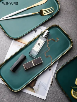 

Direct marketing light luxury peacock green ceramics gold side tray creative western food steak dessert cake decoration plate