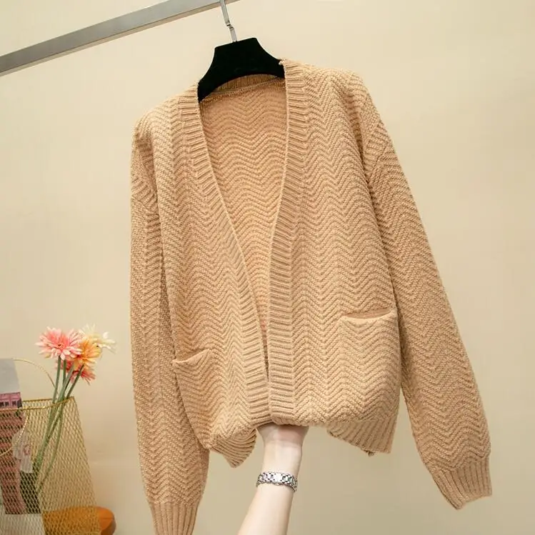 2019 For Girl Casual Knitted Sweater Autumn Korean Women Slim Solid Color Pocket Design Cardigan Khaki White Blue Brown