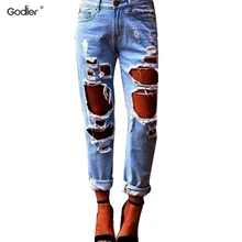 Godier Мода большая дыра Рваные джинсы женские узкие джинсы с высокой талией Для женщин уничтожены Begger джинсовые штаны для Для женщин
