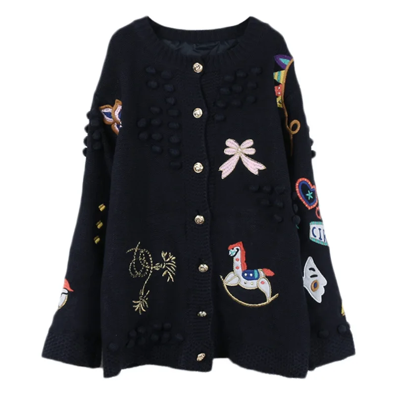 

Spring 2019 New Heavy Work Cartoon Embroidered Long Sleeve Loose and Thickened Knitted Card Coat for Women