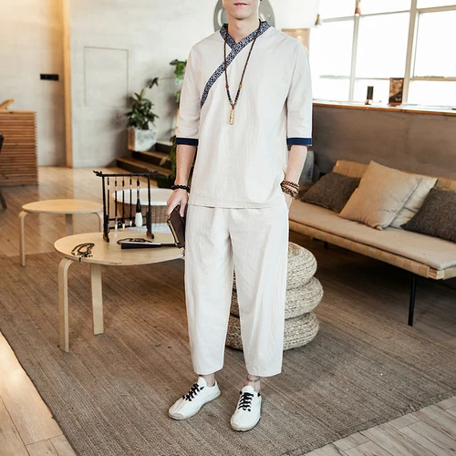

Loldeal National Style Summer Chinese Men's Clothing Hanfu Linen Set Casual Loose Solid Color Men's Suit