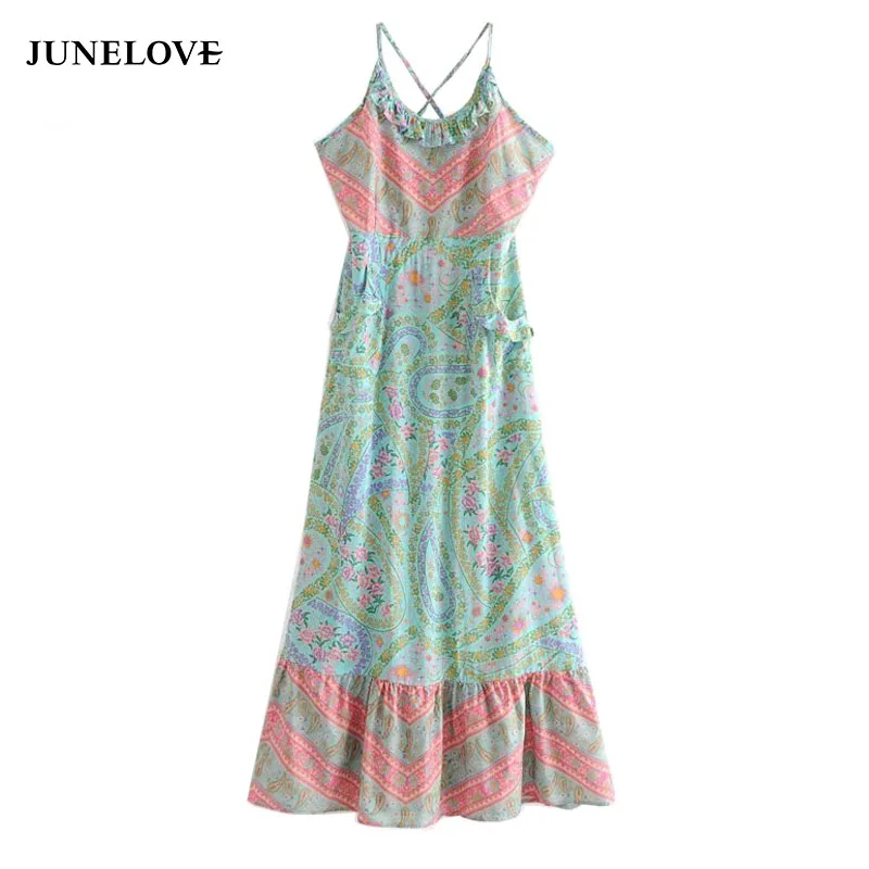 

JuneLove Women Boho Summer Floral Print Ruffled Long Strap Dress Women 2019 Backless Pleated Beach Dresses Femme Vestidos
