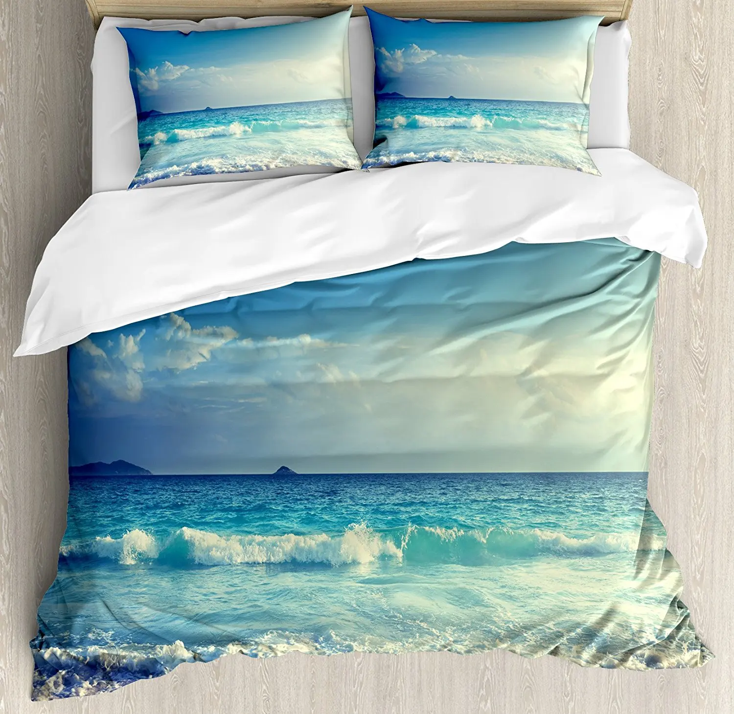 Ocean Duvet Cover Set Tropical Island Paradise Beach at Sunset Time