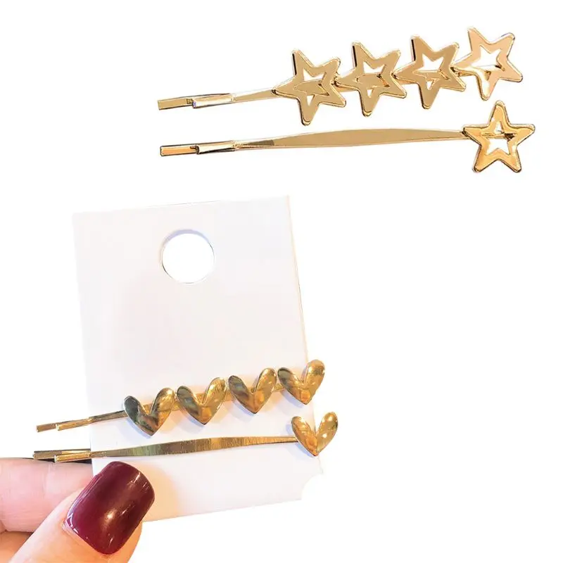 

2Pcs Minimalist Metallic Gold One Word Hairpins Women Girls Cute Heart Star Glitter Polished Hair Clips Hair Styling Accessories