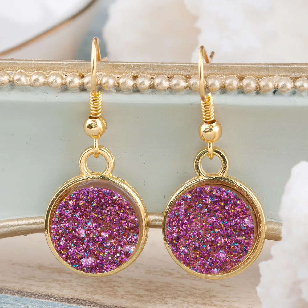

Doreen Box Handmade Resin Earrings Gold Color & Golden Pink Purple Round 34mm(1 3/8") x 15mm( 5/8"), 1 Pair