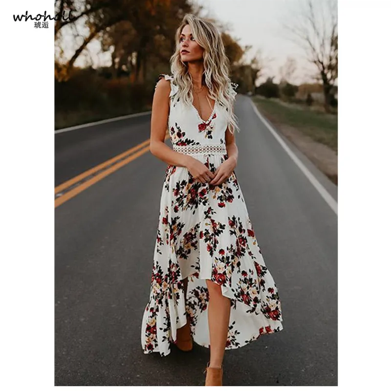 

Whoholl 2019 Newly Summer Women Floral Dress V Neck Sleeveless Backless Printed Sundress Irregular Hollow Beach Dresses Size XL