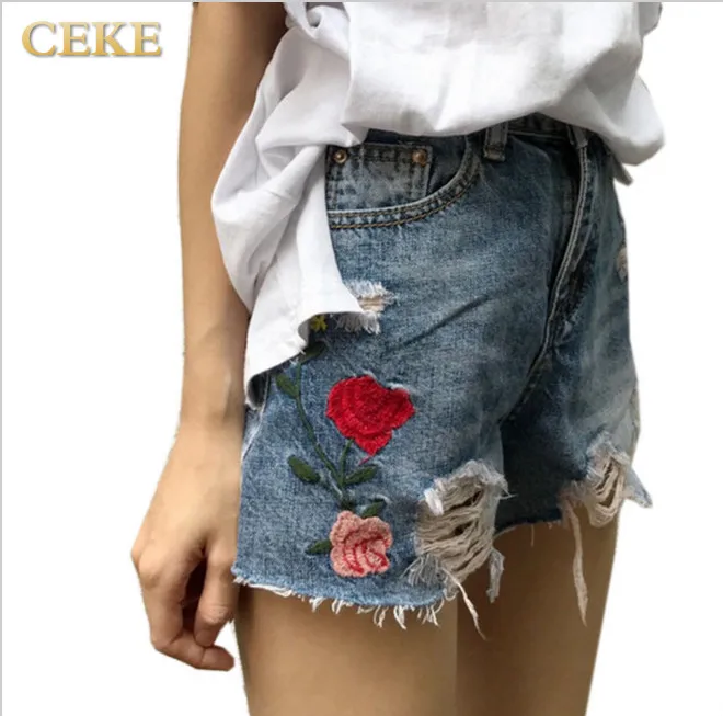 Harajuku Embroidery Rose Denim Shorts Female 2017 Summer High Waist Women Jeans Short Retro Hole Pantalones Cortos Mujer S~L | Женская