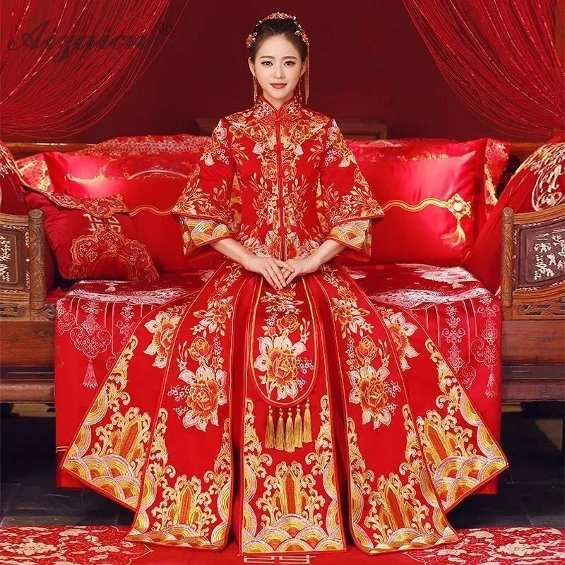 

2019 Red Chinese Traditional Wedding Dress Qipao Dragon Phoenix Clothing Long Cheongsam Gown Oriental Style Dresses Bride Marry