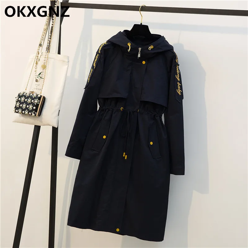 

Long Trench Coats For Women's 2019 Autumn Winter Large Size Long Sleeve Casual Female Windbreaker Loose Hooded Outerwear 4XL M73
