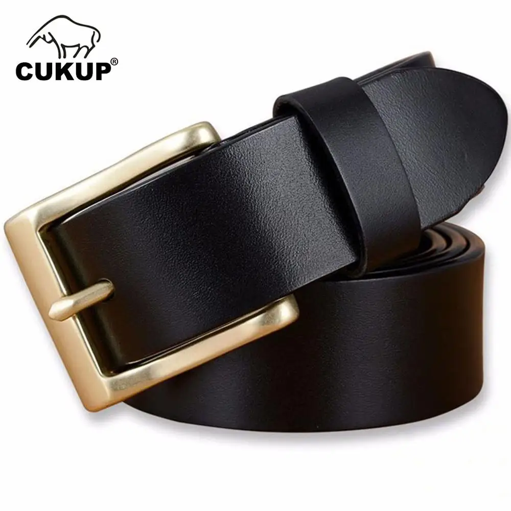 CUKUP Men's Top Quality Cowhide Leather Belts for Men Solid Gold Brass