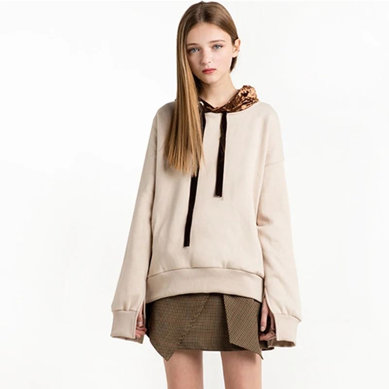 

Brown velvet hooded beige sweatshirts for women spring autumn loose oversized hoodies ladies stylish casual sporty pullover tops