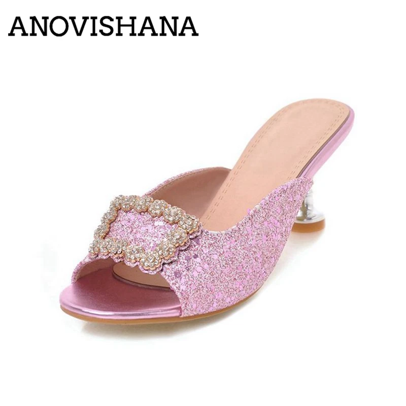 

ANOVISHANA 22019 new PU peep toe special Heel metal Bling buckle decoration outside Mules slipper simple comfortable women shoes
