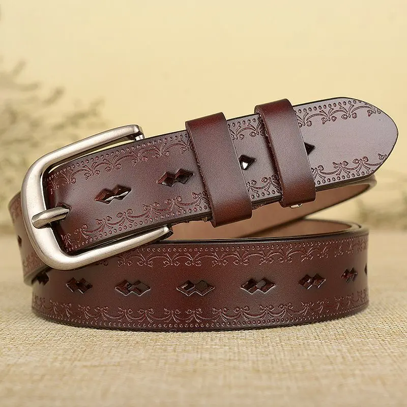 

New Fashion Brand Women's Leather Belts Punched Cowskin Straps Waistband Pin Buckles Female Jeans Waist Belt Genuine Leather