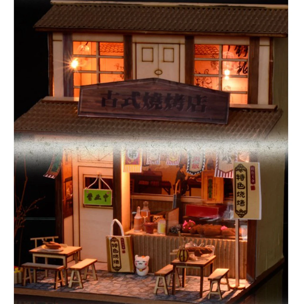 DIY Handcraft Miniature Project Wooden Dolls House Antique Barbecue Restaurant Model Home Display Ornaments