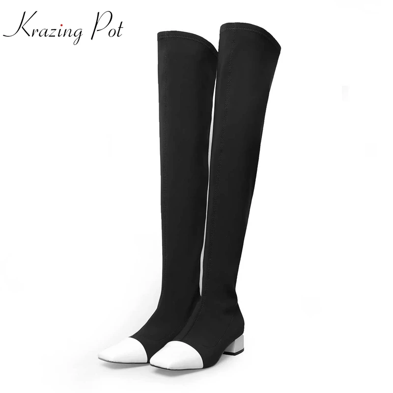 

Krazing Pot natural skin stretch fabric square toe thin high heel stretch boots catwalk model high quality thigh high boots L8f2