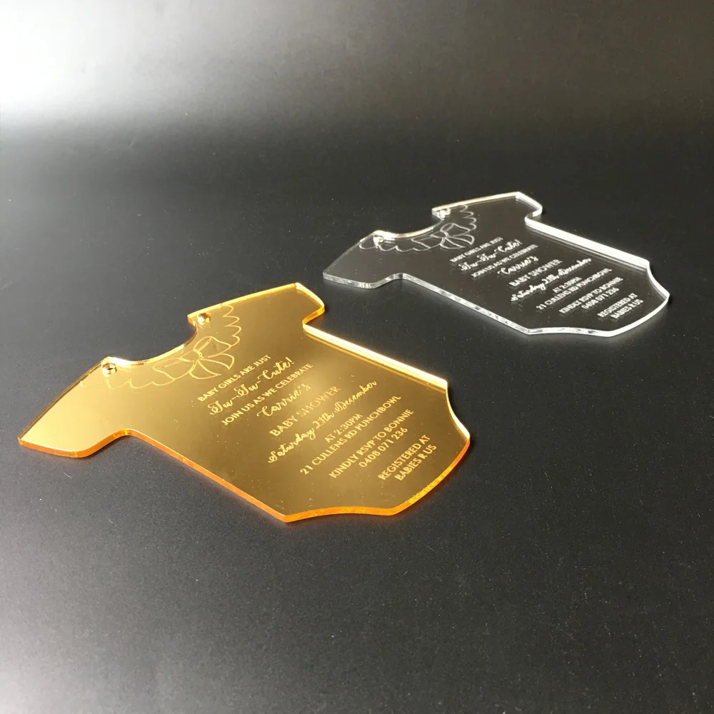  Customized Baby Dress Shaped Engraved 145x145mm Silver/Golden Mirror Acrylic Christening Invitation - 32828973518