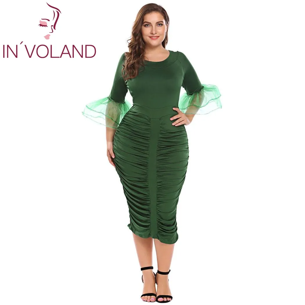 

IN'VOLAND Women Bodycon Dress Plus Size XL-5XL 3/4 Flare Sleeve Solid Ruched Slim Party Midi Pencil Dresses Vestidos Oversized