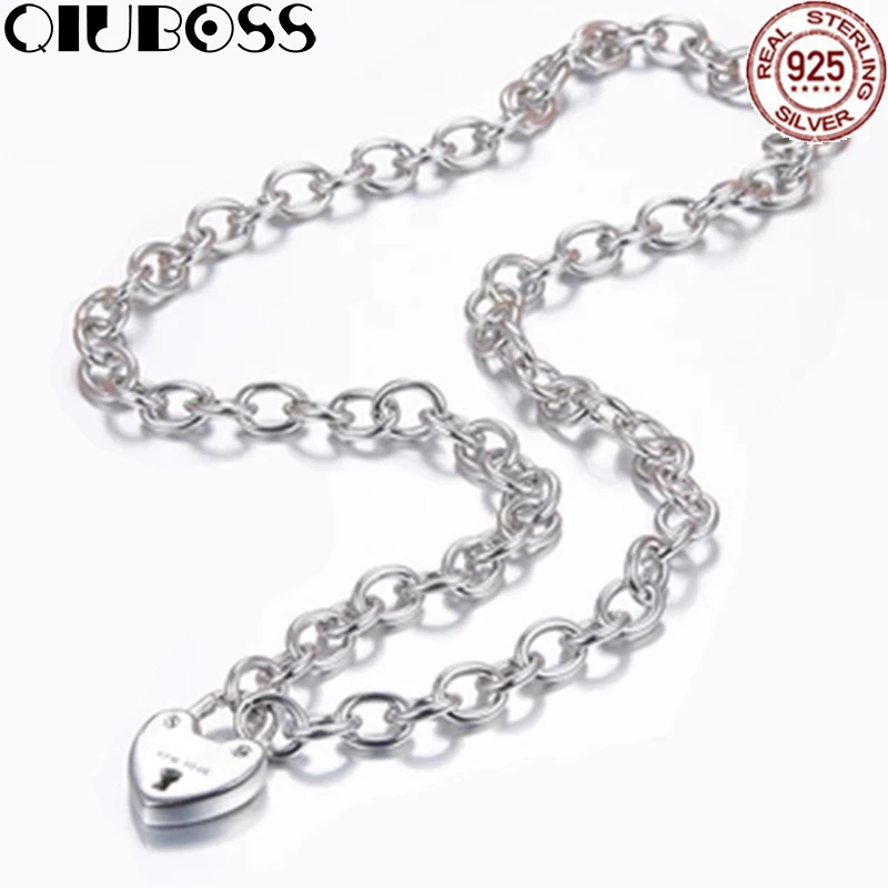 

QIUBOSS TIFF 925 Sterling Silver Fashion Heart Necklace Heart Lock Pendant DIY Gift Jewelry