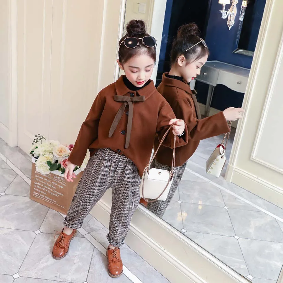 

Children's Clothes 2018 Spring and Winter Style Baby Kids Clothing Sets Girls Wool Coat and Plaid Pant Teenager Fashion
