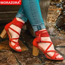 MORAZORA/ г. Новое поступление, женские сандалии-гладиаторы Летняя обувь из флока римские на высоком каблуке, обувь под вечернее платье для выпускного вечера женская обувь, большой размер 48