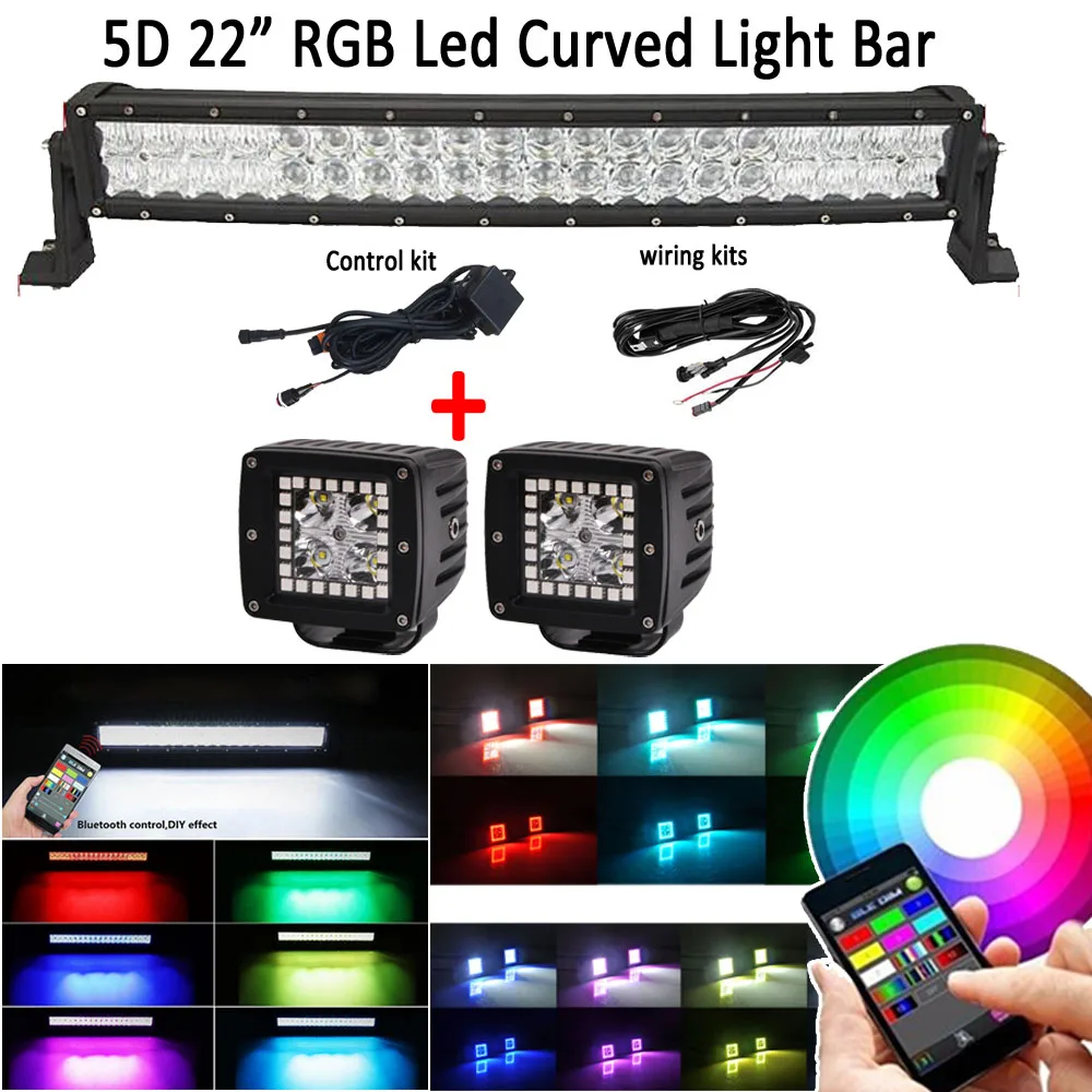 

22" INCH 120W 5D LED Light Bar Spot Flood Combo Beam RGB Strobe Music Bluetooth + 2pcs 3inch Led cube pods with RGB Halo Ring