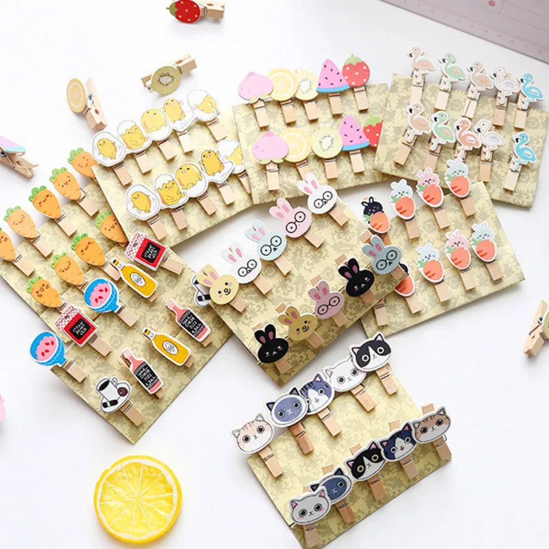

10Pc Mini Cute Cartoon Decorative Wooden Clothes Paper Photo Clips Pegs Craft with 1M Rope Home Bedroom DIY Photo Wall Supplies