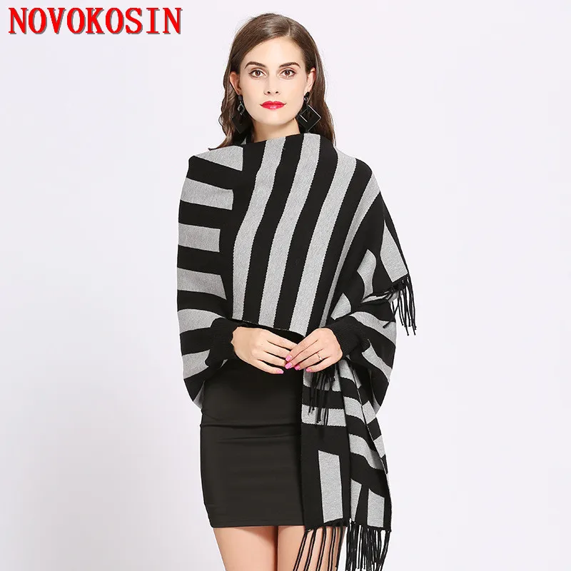 Plus Size Tassel Long Scarf Autumn Winter Warm Knitted Poncho Capes Women Striped Designer Cardigan Batwing Sleeves Shawl Wear