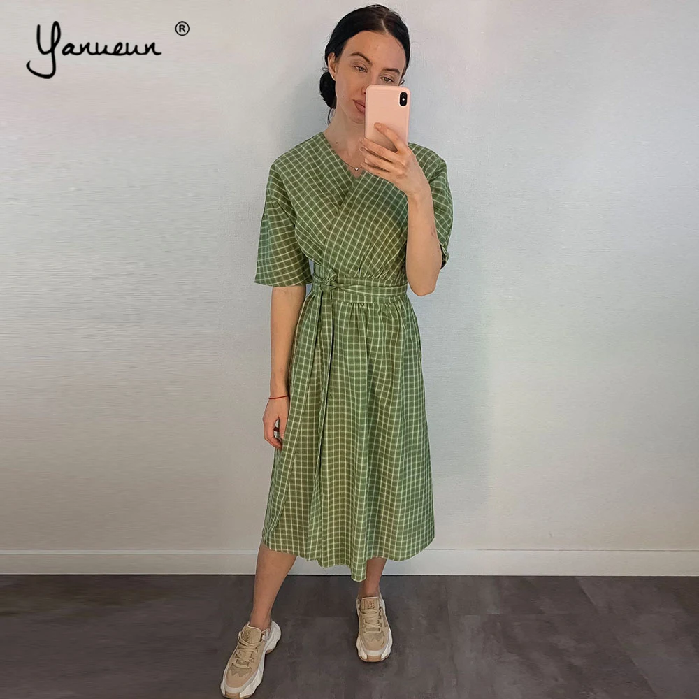 

Yanueun 2019 Hot Sweet Green Plaid Dress V-Neck Dress With Sashes Knee-Length Spring Autumn For Women