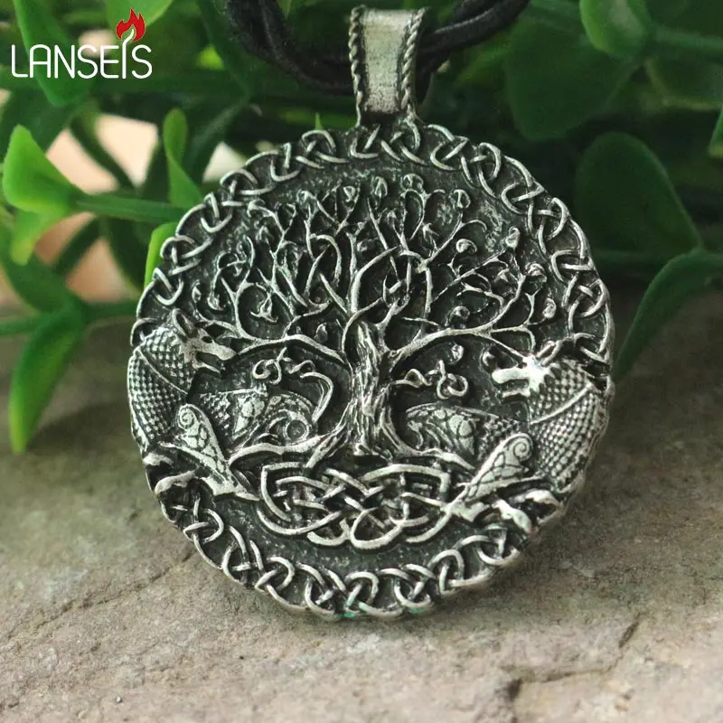 lanseis 1pcs Two wolves sigil commissioned Celt wolf pendant two wolves tree of life and world tree jewelry viking men necklace stylish adjustable tree of life layered wrap necklace