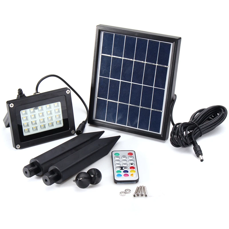 Kopen 3.7 v RGB LED Schijnwerper Op Zonne energie met Kleurverandering Afstandsbediening Outdoor Tuin Landschap Security Lamp IP65