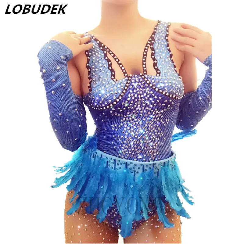 

Full Diamond Blue Feather Bodysuit Gloves Sexy Nightclub Bar DJ Latin Pole Dancing Performance Stage Costume For Singer Dancer