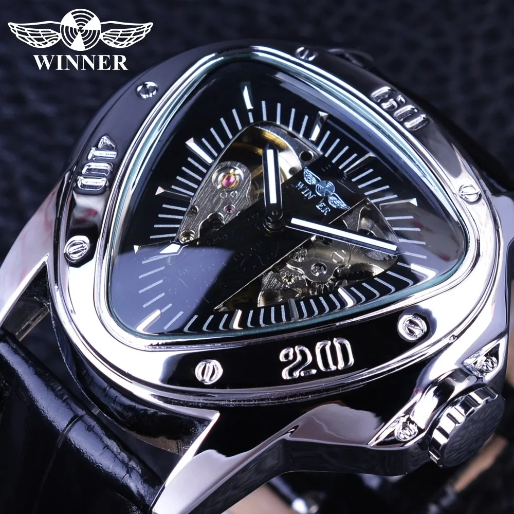 Winner Creative Racing Design Triangle Design Silver Skeleton Dial Mens Watch Top Brand Luxury Automatic Mechanical