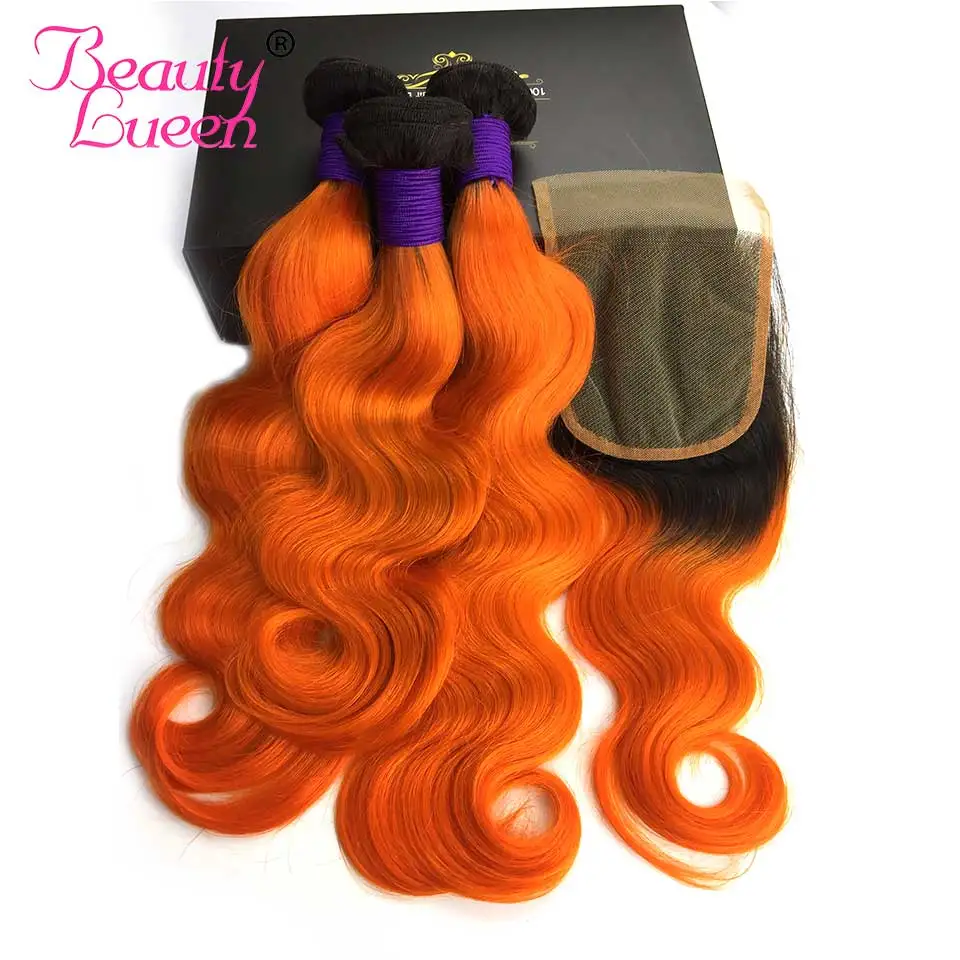 Peruvian Body Wave With Closure Ombre Color T1b Orange Dark Roots