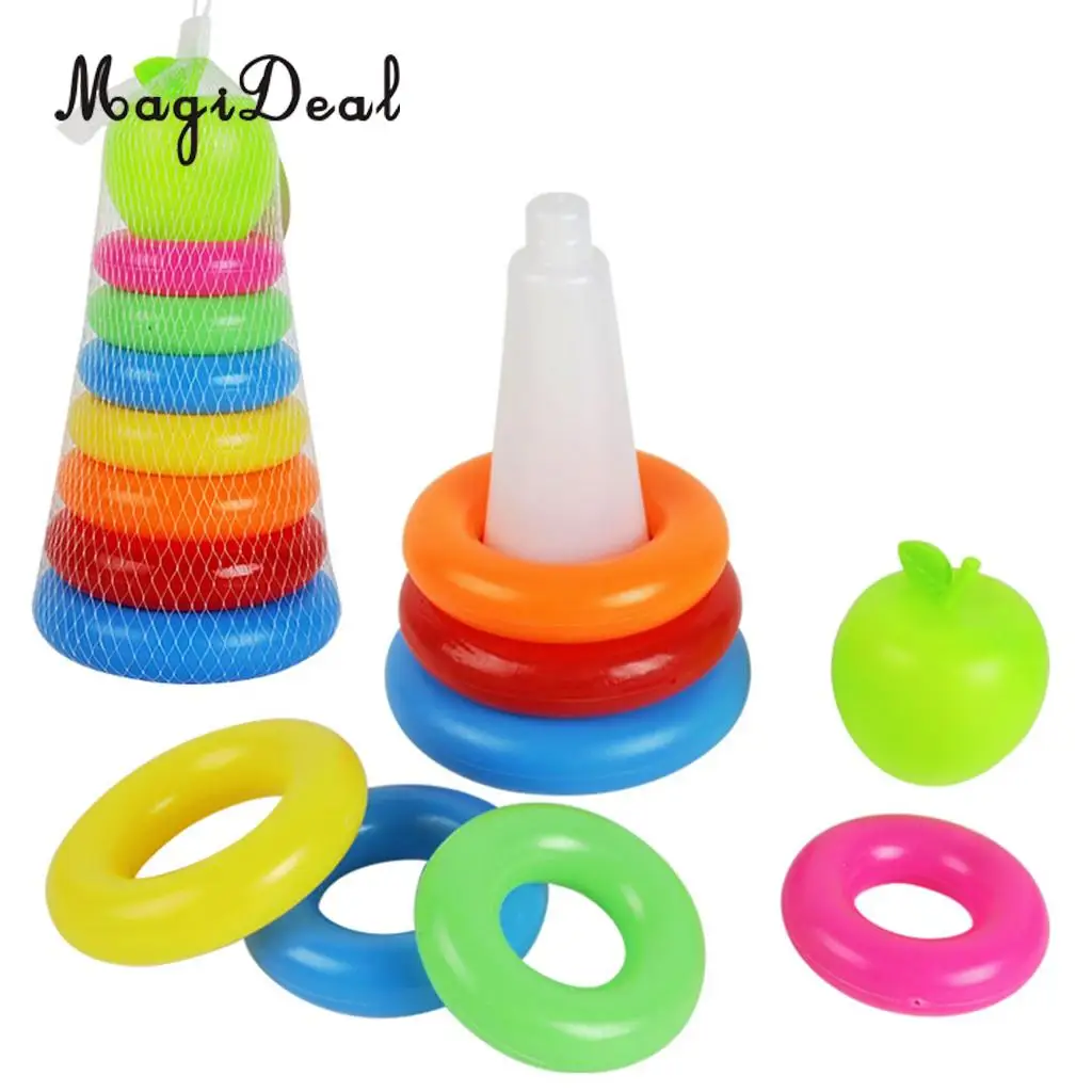 Kids Baby's Bath Tub Floating Toy Set - 7 Colorful Stacking & Nesting Rings with a Cute Green Apple, Birthday Gift