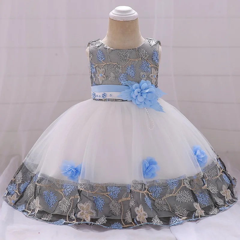 Платье-пачка принцессы с вышитыми цветами для маленьких девочек; свадебное платье для маленьких девочек; детское праздничное платье; Vestidos для детей 1 года; День рождения - Цвет: Небесно-голубой