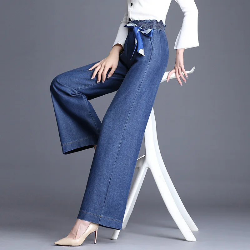 

Women Loose Jeans Woman High Waist Tencel Jeans Korean Women's Sexy Slim Thin Flare pants Casual Wide Legs Long Trousers
