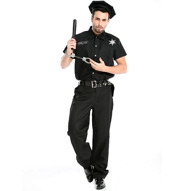 2016 Black Adult Costume Mens Police Clothes Jumpsuit Cosplay Party